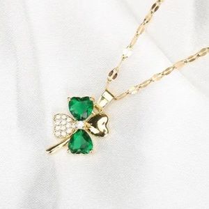 St. Patrick’s Day four leaf clover zircon green crystal gold necklace for women